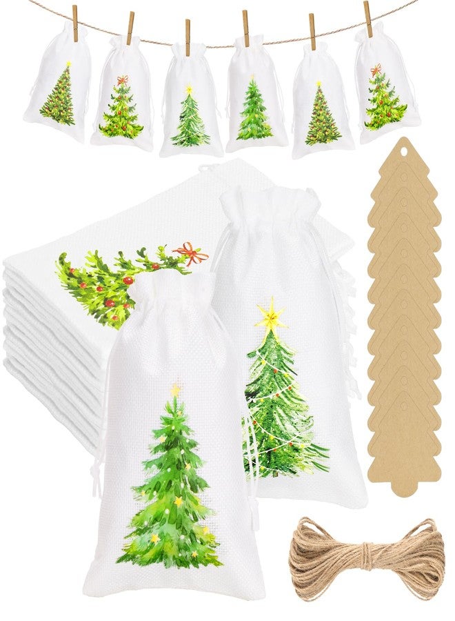 G2PLUS 24Pcs Christmas Drawstring Burlap Gift Bags - 5X7 In Christmas Advent Calendar Bags, 4 Design Xmas Tree Burlap Bag, White Treat Goody Bag for Xmas Holiday Party Favors - Image 1